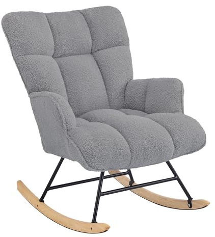 Aunekiv Rocking Chair for Nursery, Teddy Upholstered Glider Nursing Chair for Adults, Comfy Rocking Armchair Indoor for Living Room Bedroom, Darkgrey