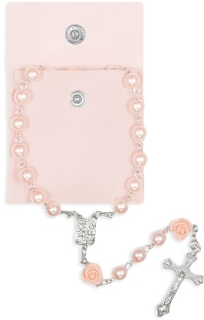 Yamobi Collar de rosario católico Yamobi, rosario para comunión con cruz retro, bolsa de regalo de terciopelo con cruz, bautismo, comunión, joyería religiosa(rosa)