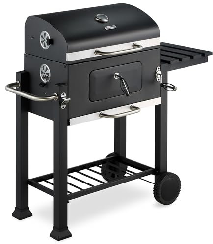 VonHaus Charcoal BBQ – Portable Barbecue with Warming Rack, Fold Down Shelf, Temperature Gauge, Wheels, Large Cooking Grill, Air Vents – 2 in 1 Barbeque and Wood Smoker – Grill Meat, Fish & Veg