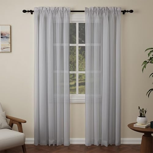 Pacok Darkgray Voile Curtains 90 Drop, 2 Panels Rod Pocket W56xL90 Inch | See Through Net Curtains for Windows Long Washable Sheer Curtain Panel for Living Room, Bedroom, Kitchen 142 x 228cm Drop