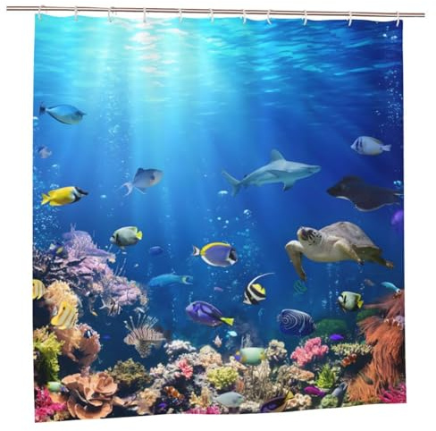 Summer Fish Shower Curtain for Men, Ocean Underwater World Blue Waterproof Bath Curtains, Quick Dry Sea Turtles Decorate Women Bathtub Curtains, Bathroom Curtain with 12 Hooks, 180x180cm/ 71X71 in