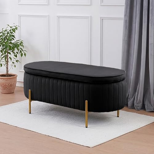 IlGruppone Panca Imbottita Divanetto In Velluto Contenitore Pouf Grande XXL PortaOggetti Panca Sgabello A Pie Di Letto Con Gambe In Metallo Dorato Legno Massello - Nero - Taglia XXL