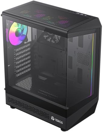 TEROS 13121G Caja PC Gaming ATX Caja Negra Torre Gaming pc de hasta 5 Ventiladores Frontal ARGB, compacta