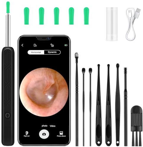 BUTBU Otoscopio Limpiador Oidos, WiFi Endoscopio de Oído con 1080P Cámara y 6 LED, Limpiador Oidos Adultos, con 8 Herramientas Profesionales y 6 Puntas De Silicona, Compatible ANDROID e IOS, Negro