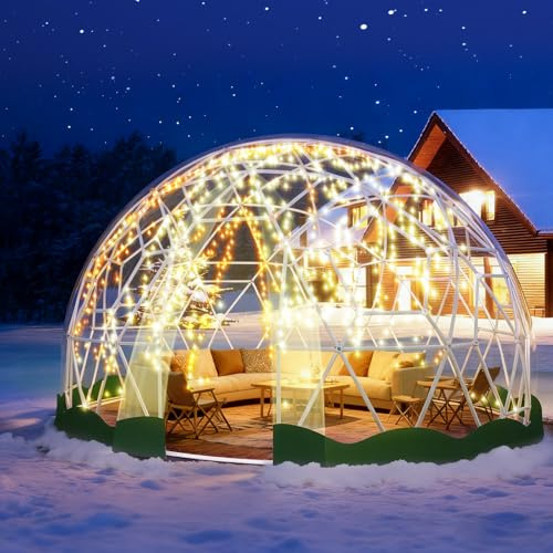 Tienda de campaña de jardín de 4,6 m x 2,9 m, cúpula geodésica con cubierta transparente de TPU, impermeable, con 2 cuerdas de luz de 10 m para exteriores, patio, borde verde