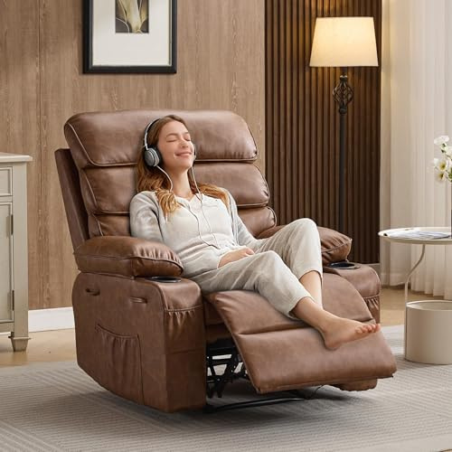 PU Leather Extra Wide Manual Recliner for Adults with Massage and Heat, Large Lazy Chair with 1.5X Sponge Comfort Arm and Back for Living Room, Bedroom