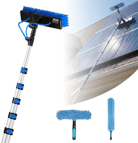 VEVOR Teleskop Waschbürste für Solarpanel, Photovoltaik Reiniger inkl. 2,3-12m Alu-Teleskop 20m Wasseranschluss 180° Bürste Abzieher Seifenspender, Reinigungsset für Solaranlage Fenster Terrassendach