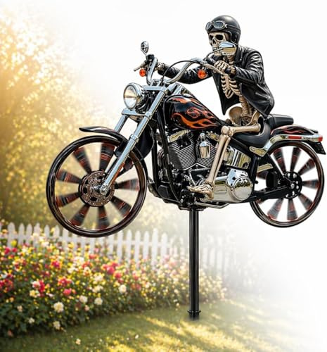 Graddi Skeleton Rider Windmill, Fliegerass Garten Windspiel, Skelett Biker Windrad, Skelett-Motorrad-Windspiel, Für Terrasse, Hof, Garten, Einzigartige Harz-Skulpturen, Ornament, Geschenk Für Freunde