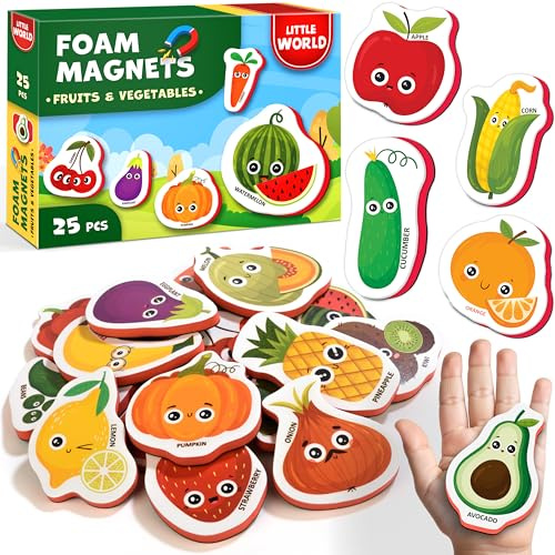 Little World 25 imanes de nevera para niños de 1 a 3 años, seguros, duraderos, impermeables, imanes de espuma para nevera con caja de regalo colorida, imanes de frutas y verduras no tóxicos para niños