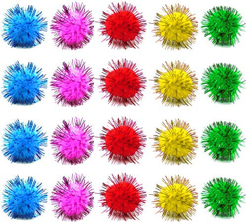 PETDCHEB 80 Pieces Cat Sparkle Balls Assorted Color 1 Inch Pom Poms Tinsel Cat Ball Toy Puff Balls Glitter Ball for Cats Kitten Toys for Indoor Cats and Crafts