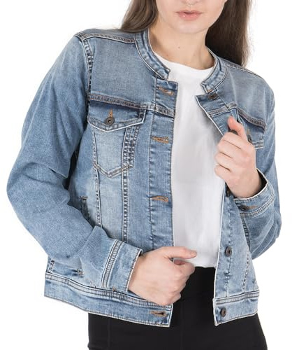 NOROZE Women's Western Style Jacket Collarless Denim Jacket, Light Blue Washed Jeans Women Classic Women's Trucker Jackets Biker Casual UK Sizes 8-20