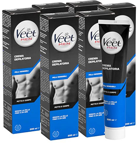 Veet Men Total Pro Haarentfernungscreme für empfindliche Haut, feuchtigkeitsspendend und parfümiert, mit Spatel zum Auftragen und Entfernen von Creme, 6 Flaschen à 200 ml