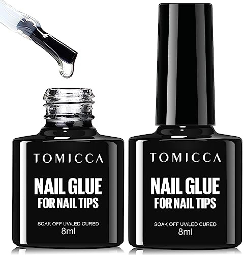 TOMICCA 4 in 1 Nail Glue and Base Gel Kit for Clear Nail Tips 2PCS 16ml Extra Strong Brush On UV Nail Glue Gel for Acrylic Nails Transparent False Nails, UV/LED Lamp Required