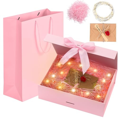 Idota Caja Regalo Rosa con Tapa, Lazo, Bolso, Cinta, Luz, Rafia y Tarjetas de Felicitación - para Boda, Cumpleaños, Navidad y Aniversario