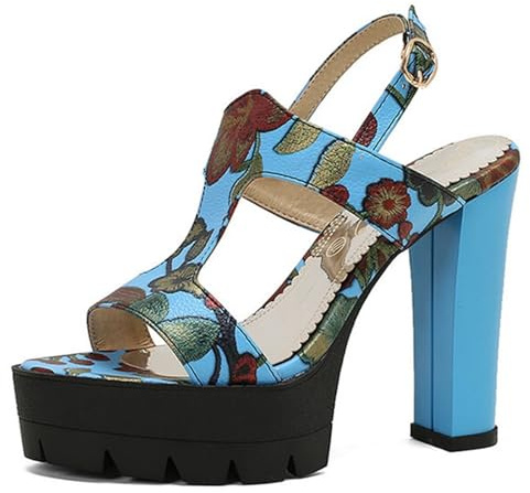NBTOICDAS Platform Heels for Women High Block Chunky Open Toe T-Strap Heels Wedding Party Dress Pump Shoes (Color : Blue, Size : 13 UK)