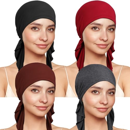 TSKNOMO 4 Pièces Foulards de Chimiothérapie pour Femmes, Foulard de Tête Pré-Noué Couvre-Chef Cancer pour Perte de Cheveux, Couleur 2, Taille unique