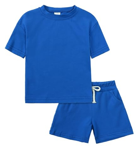 Set di Abbigliamento Bambini 2 Pezzi in Cotone T Shirt Manica Corta e Pantaloncini Elastici Completo Neonato Elegante Set Coordinato Estivo Tuta Casual Tinta Unita Vestiti per 6 (07-Blue, 10-11 Years)