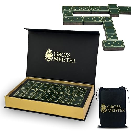 GROSS MEISTER® Premium Domino-spel – 28 unika handgjorda domino-stenar av trä och läder i trälåda – lyxgåva, Domino, klassiska brädspel, leksaker för vuxna