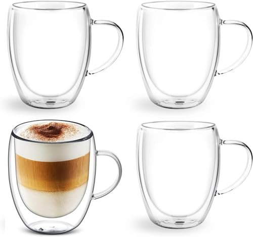 YIK TUNG Double Walled Coffee Glasses, Set of 4 Cappuccino Latte Tea Cups with Handle, 350 ml Heat Resistant Thermal Mug, for Hot/Cold Drinks, Dishwasher Safe, Perfect for Espresso