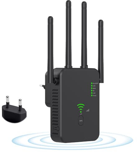 PLLYPE Repetidor WiFi, Amplificador Señal WiFi 1200Mbps, WiFi Booster Doble Banda 5GHz y 2,4GHz, Extensor WiFi con 4 Antena, Puerto LAN, WPS, Compatible con Todos los Routers, Repetidor/Router/Ap