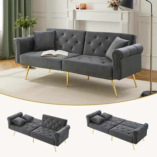 ALAMHI Modernes 2 Sitzer Sofa,Schlafsofa aus Samtbezug,Couch, Klappsofa mit Verstellbare Rückenlehne, Deluxe Sofa mit Schlaffunktion– Polstersofa für Wohnzimmer, Wohnung, Buro (Antique Gray)