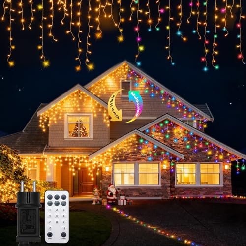 Luci di Natale da Esterno Cascata 10m 400led Bianco Caldo e Colorate, Tenda Luminosa Natale con RF Telecomando,11 Modalità, Prolungabile,3 Timer, Luci Natalizie per Balcone Tetto Terrazza