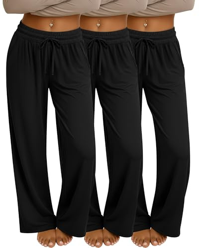 Neer Confezione da 3 Pantaloni da Tuta Larghi da Donna con Tasche, Pantaloni Yoga a Gamba Larga, Comodi Pantaloni da casa(XXL,Nero)