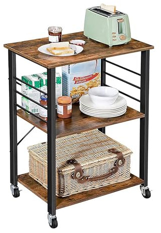 Relaxdays Küchenwagen, 3 Ebenen, mit 6 Haken, Metall, Rollwagen Küche, Haushalt & Büro, HBT: 89x60x40 cm, braun-schwarz