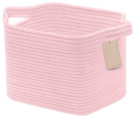 JOJOSEE Woven Storage Baskets Shelf Basket 32 x 25 x 22.5 cm Pink | Small Cotton Rope Storage Basket for Shelves, Toys, Books and Shoes, Decorative Gift Basket for Home & Living Spaces