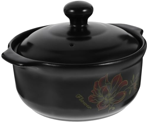 jojofuny Olla de Cerámica para Cocina a Gas 1.6l Tapa Negra, Resistente a Altas Temperaturas, Adecuado para Guisar Estofado y Sopa, Cazuela Doméstica para 1-2 Personas