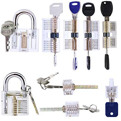 Loboo Idea Juego de 9 candados de práctica para cerrajeros principiantes y profesionales, paquete de 9 candados transparentes con llave visible para práctica de ganzúas