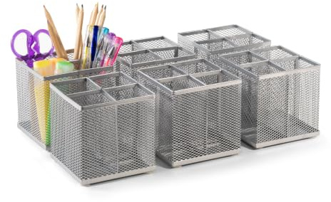 OSCO Wiremesh Square Pen Pot, 6 Pack, 4-Section Pencil Holder, Desk Tidy and Office Organiser, Makeup Brush Holder and Cosmetics Display, Metal Mesh Organiser, H10.5 × W10 × D10 cm, Silver