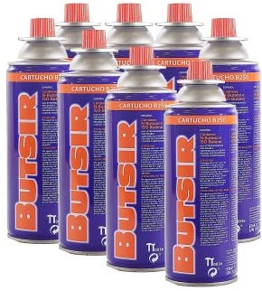 Pack de 8 Cartuchos Butano BUTSIR B-250 Compatible con Camping Gas Portátil, Hornillo y Cocina Modelo EN417 Tipo MSF_1 (227 gr)