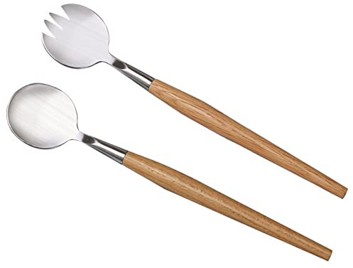 Posate da Insalata con Manico in Legno Posate per Insalata Acciaio Inox Cucchiai da Insalata Forchette Insalata Set Insalatiera Cucchiaio Forchetta e Cucchiaio Manico Lungo Pinze per Insalata 2 Pezzi