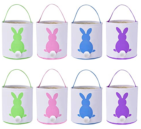 8 Pack Bunny Rabbit Ear Easter Baskets - Canvas Tote Gifts Bags for Kids - Fluffy Tail Basket Buckets - Easter Egg Hunt Party Decorations