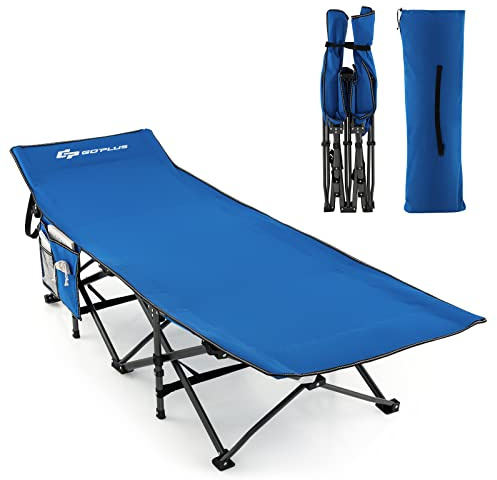GOPLUS Lit de Camping Pliable 1 Personne avec Appuie-tête Incliné, lit de Camp Portable avec Poche Latérale & Sac de Transport, Charge 272 KG, pour Camping, Randonnée, Pêche, 190X70X54 CM (Bleu)