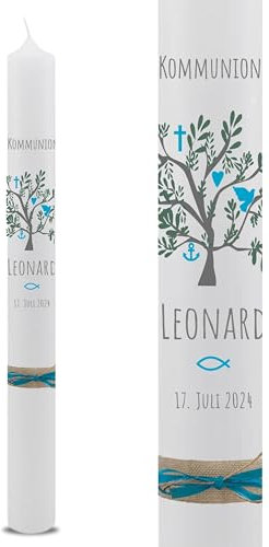 VILLA ROSA LOTTA – Personalisierbare Kommunionkerze Taufkerze „Leonard“ mit Wunschdaten und Rückseite | Lebensbaum Motiv | 40 cm x 4 cm | für Jungen und Mädchen | Altarkerze elfenbein