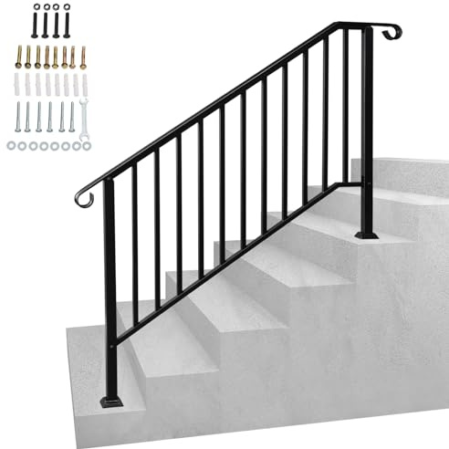 Outdoor Handrails for Stairs - Durable Galvanized Iron Railings Handrails for Outdoor Steps, Black Hand Rails Stairs for Garden Exterior Staircases, Easy Install Safety Staircase Handrails (4 Steps)