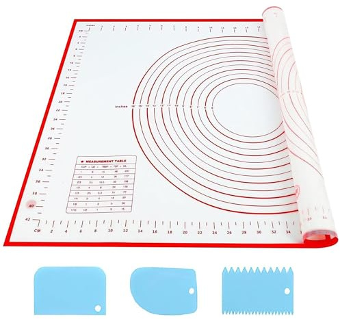 SAEIV Tappetino da Forno in Silicone 70x50cm, Tappetino in Silicone Antiaderente, Antiscivolo, con Misurazione, Tappetino per Impasto per Fondant, Pasticceria, Pizza, Senza BPA (Rosso+3pz Raschietti)
