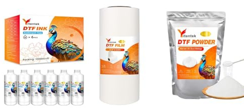 Yitentek DTF Ink & Film & Powder Set - 6000ML No Sediment White DTF Transfer Ink + DTF Transfer Film Roll 11.8 x 328' Double Sided PreTreat Cold & Hot Peel PET Film + DTF Powder 1000g / 35.27oz