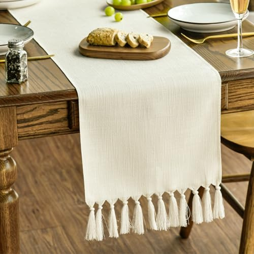 Artoid Mode - Camino de mesa beige bohemio rural rústico con borlas de granja, 33x243 cm, decoración de mesa de cocina para primavera, boda, vacaciones, fiesta