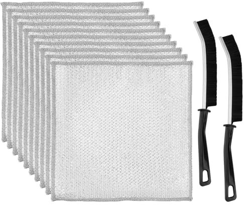 Nodcows Paños de Alambre Multiusos, 10 Pcs Trapos de Alambre para Lavar Platos y 2 Cepillo, Paño de Cocina Húmedo y Sseco, Paño de Limpieza Reutilizable para Sartenes, Fogones, Cocinas