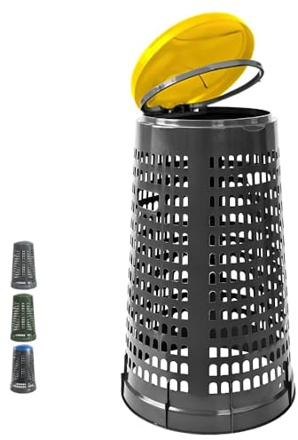 PALUPLUS Trespolo Portasacco in Polietilene, Capacità 110 Litri e Misura 51x85 cm, Bidone con Coperchio e Reggi Sacco, Secchio per Riufiuti Differenziati -110F (Coperchio Giallo)