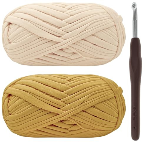 Tjockt Garn för Virkad T-Shirt - Elastiskt Ull Garn 2 x 100g, 6mm Virknål för Nybörjare - Gult Tygduk Stickning