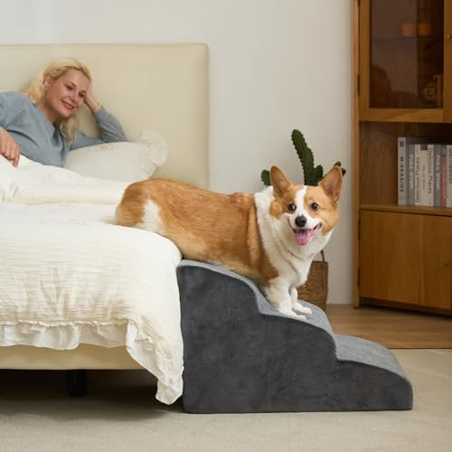 Dripex Curved Dog Stairs for Beds Couches, 3-Step Dog Steps with Durable Non-Slip Fabric Cover, Dog Slope Stairs for Small Dogs, Cats or Pets Friendly, Grey