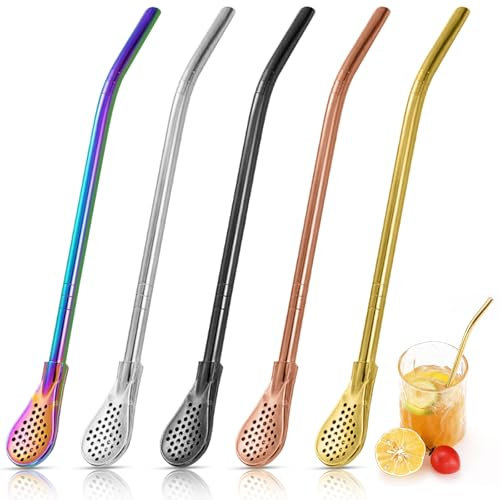Alethron 2 in 1 Bombilla Mate Strohhalm 5er Set 18cm Edelstahl Trinkhalme Löffel Abnehmbare Löffel mit Strohhalm Wiederverwendbare Löffelhalme Metalllöffel für Tee Kaffee Saft Cocktails