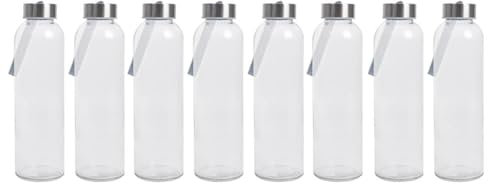 YöL Clear Glass Bottles with Lids, 8 Pack 500ml with Stainless Steel Lids, Drinking Bottles, Leak Proof, Reusable - For Cold Drinks - Work Gym Home - Water Juice Smoothies