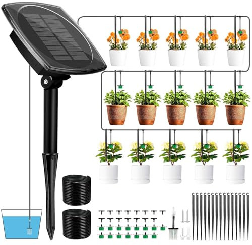 Dekofun Sistema di irrigazione a energia solare, irrigazione automatica per piante in vacanza, sistema balcone con antisiphone, tubo 15 m, 12 timer