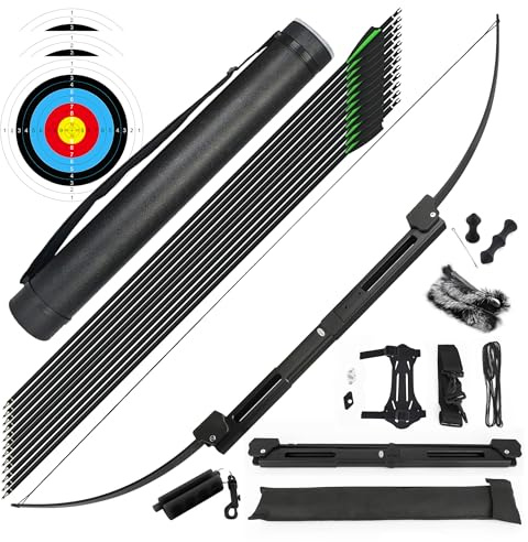 surwolf 58” Arc Droit Pliable pour tir à l'arc, Arc de Survie Tactique,25/35 LB élévateur en Aluminium, Main Droite/Gauche pour Jeunes et Adultes/Chasse/Cible/tir (25lb-Noir Set)