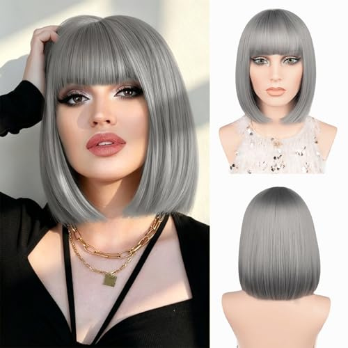 Parrucca corta con frangia, 30 cm, in fibra sintetica resistente al calore, liscia, per donne e ragazze, cosplay, Natale, Halloween e uso quotidiano (grigio)